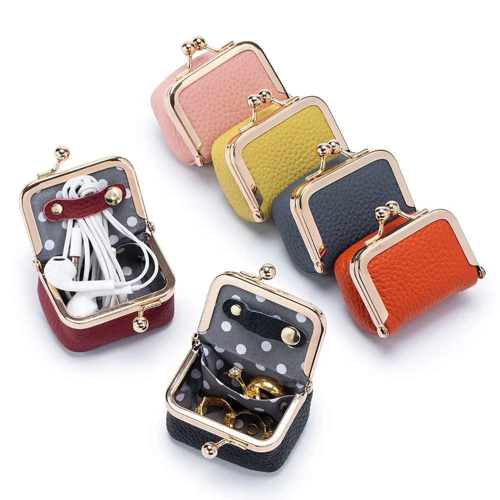 Wallet Genuine Leather Kiss Lock Coin Purse Solid Color Square Leather Jewelry Bag Multifunctional Mini Small Item Bag Earrings image 3