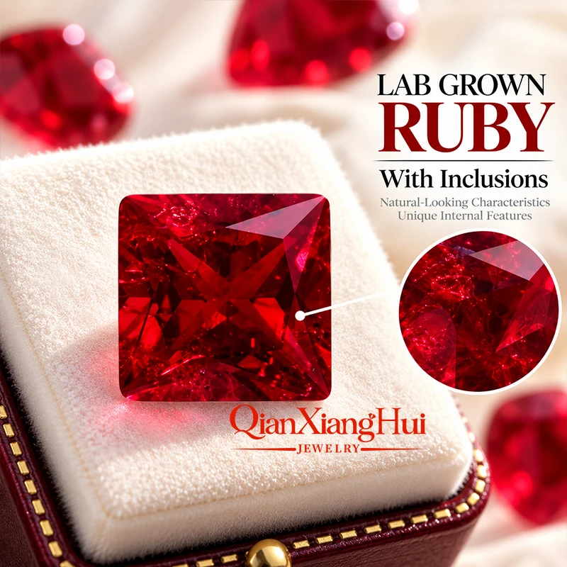 Square Shape Pigeon Blood Red Lab Created Ruby Princess Cut Loose Gem Stone with Minor Inclusions And Cracks Jewelry 2