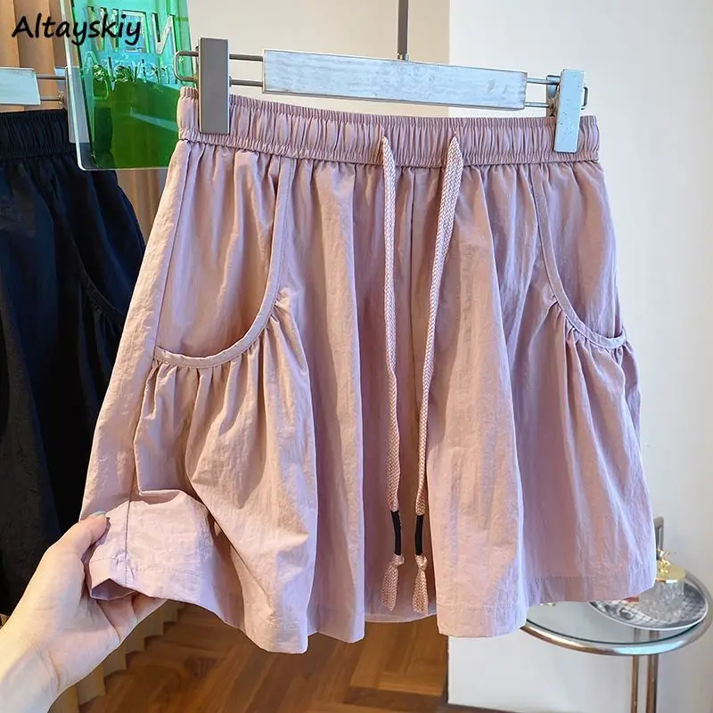 

Homewear Summer Shorts Women Chic Solid Pockets Drawstring Daily Breathable Fashion Females Trousers Casual Short Korean Style