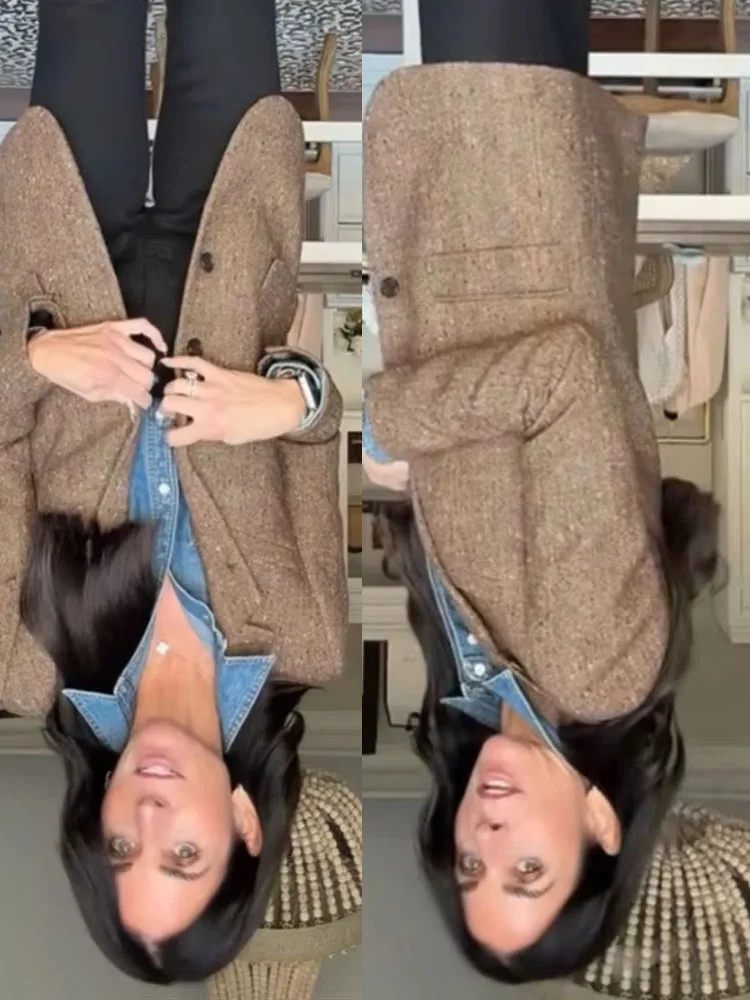 

HH Woman Winter Lapel Pocket Decoration Single Breasted Long Sleeves Herringbone Twill Blazer Female Leisure Street Style Coat