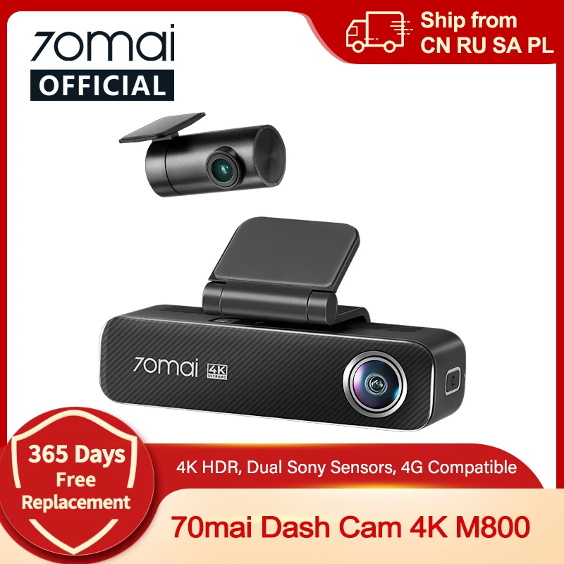 70mai Dash Cam 4K M800 2160P EMMC Built-in 128GB GPS ADAS Support 24H Parking Guard 4G Compatible Upgraded Ver. of 70mai M500