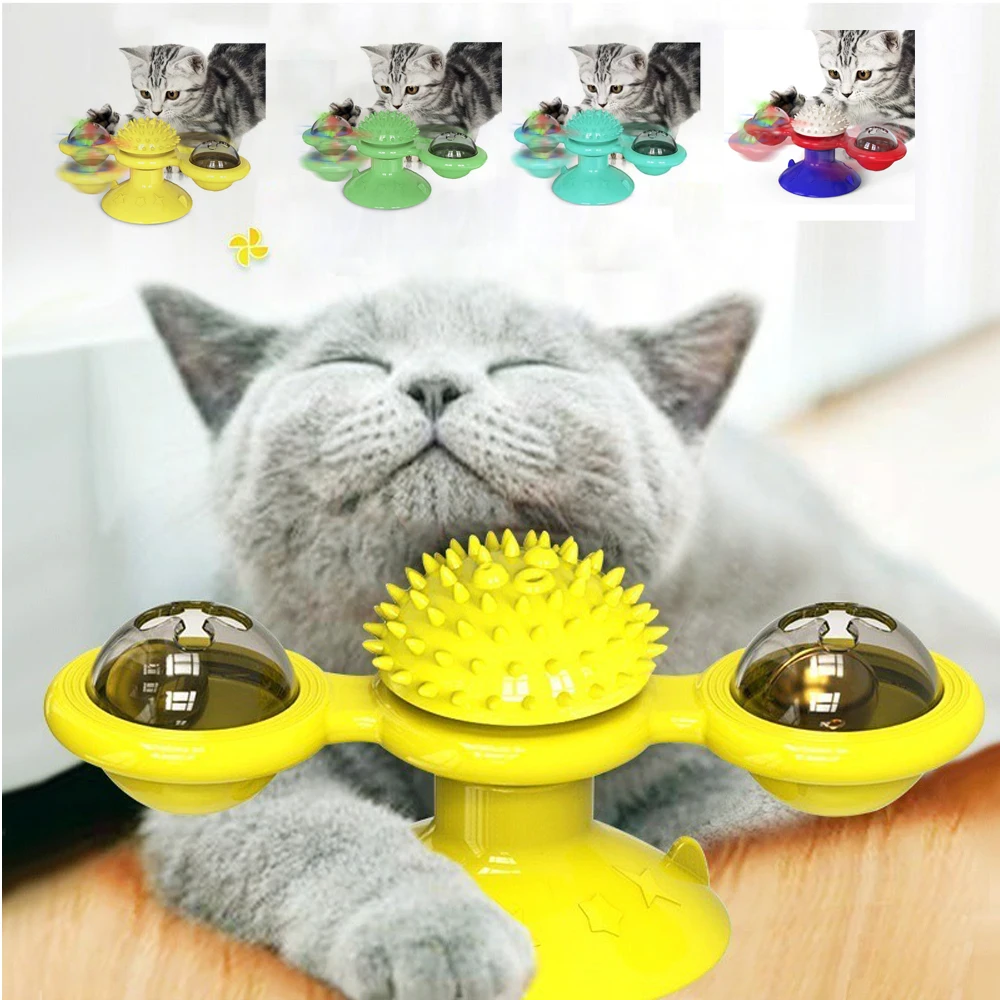 

Multifunctional Rotating Cat Spining Interactive Toys Pet Hair Remover Teeth Cleaning Windmill Turntable LED Spinner Cat Toys