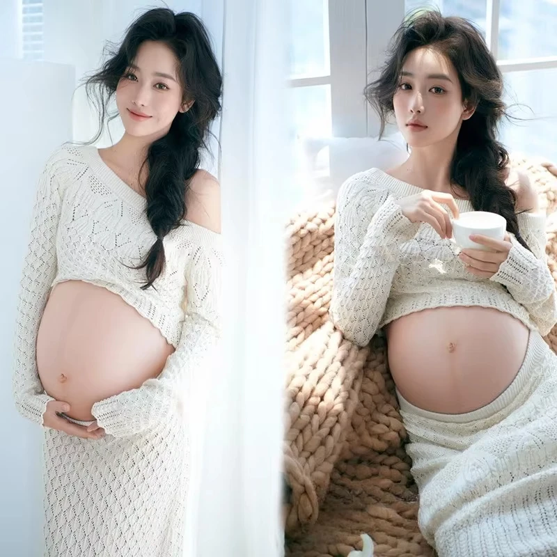 Elegant White Maternity Dress One-Shoulder Knitted Pregnancy Top Skirt for Women Photography Studio Photo Shoot Clothing