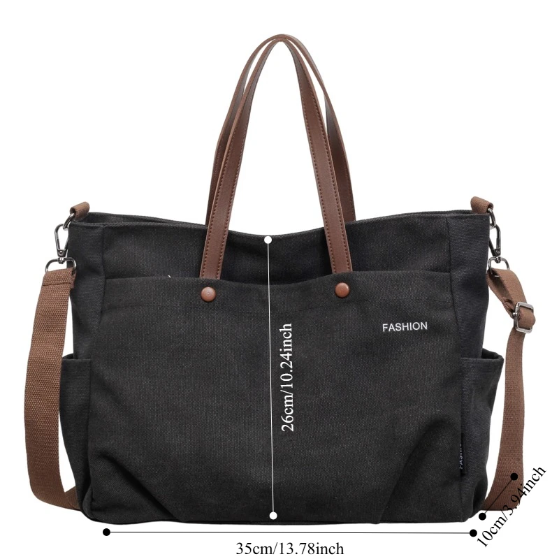 Multi Pocket Canvas Tote Bag, Large Capacity Handbag with Leather Handle and Crossbody Strap, Shoulder Bag for Office Travel