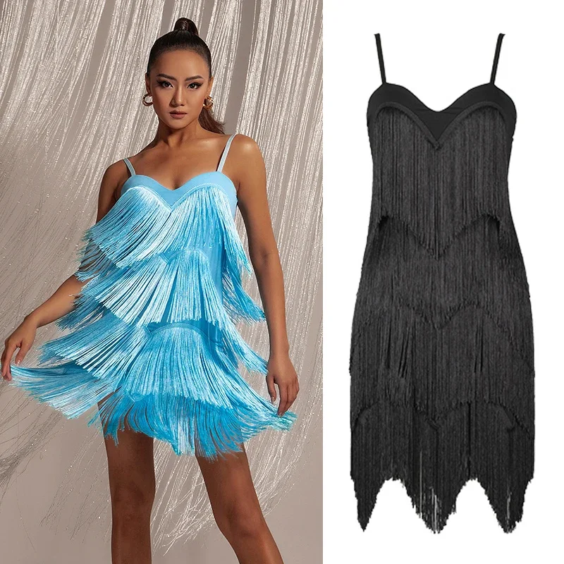 

2023 New Full Fringed Latin Dress Sexy Backless Suspender Latin Dance Dress Female National Standard Practice Clothes SL6494