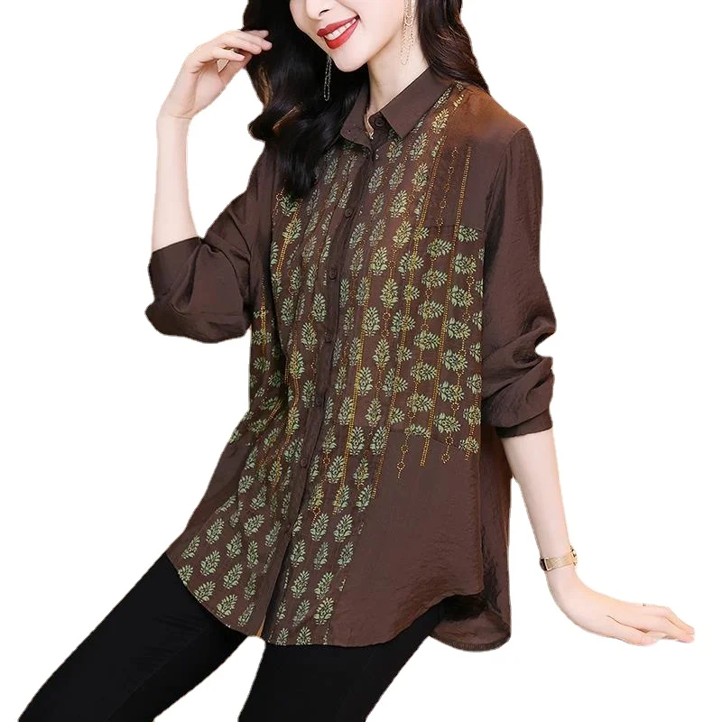 

High end fashion shirt Women's spring and autumn new style hot drill vintage print top Western style