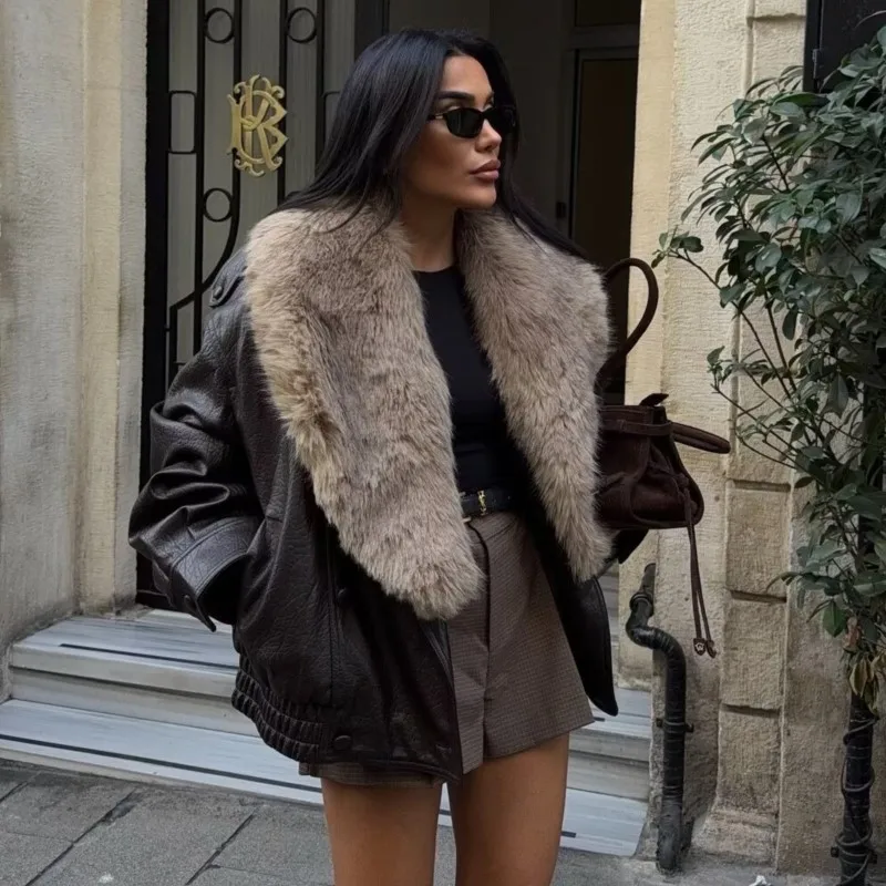 

Кожаная куртка с воротником из искусственного меха, женская 2026, зимняя толстая теплая куртка-бомбер из искусственной кожи, оверсайз, байкерское пальто Y2K, уличная одежда, верхняя одежда