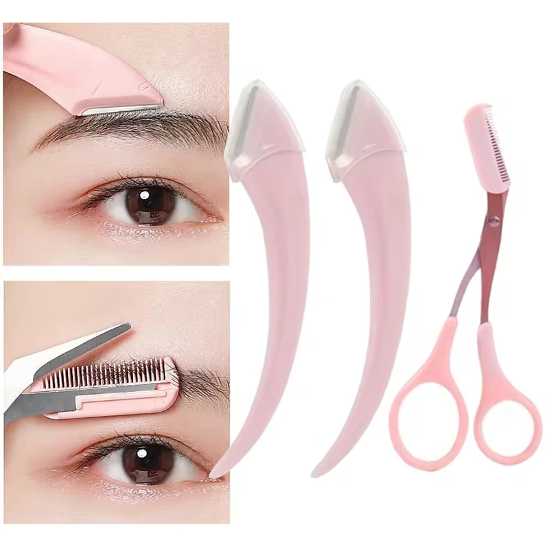 3Pcs Eyebrow Trimming Knife Eyebrow Face Razor For Women Eyebrow Scissors With Comb Brow Trimmer Scraper