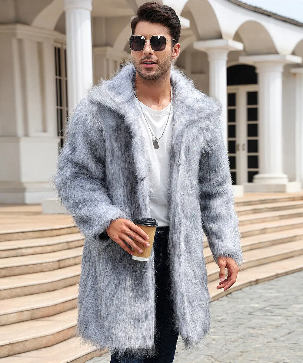 Spring and Autumn Winter Solid Color Casual Warm European and American Fox Fur Grass Medium Long Coat for Men
