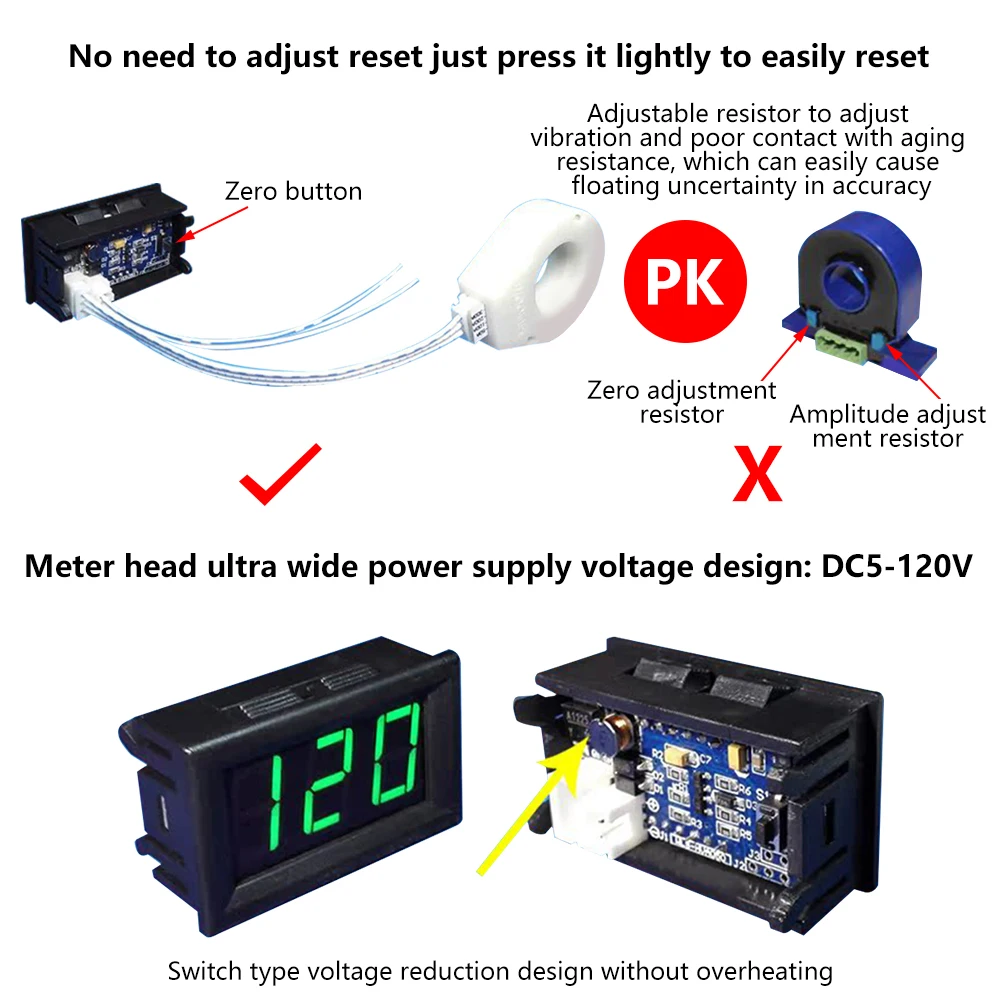 DC5-120V 50A 100A 200A 400A Hall Voltmeter Ammeter Battery Monitor Digital LED Voltage Current Meter Hall Sensor w/ Transformer