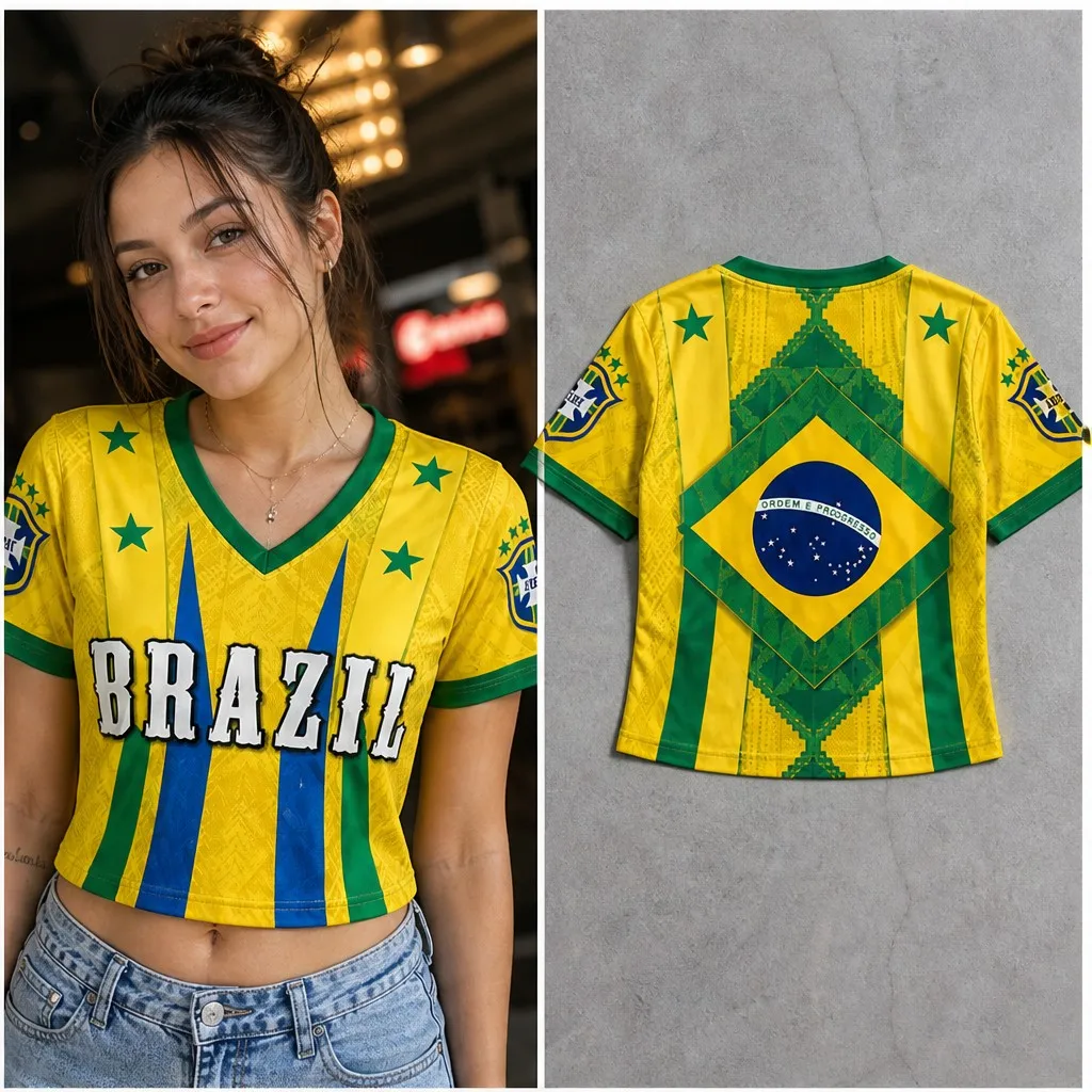 Womens Brazil V Neck Short Sleeve Crop Top Star Stripe Graphic Casual Summer Shirt for Street Travel Holiday and Daily Wear Look