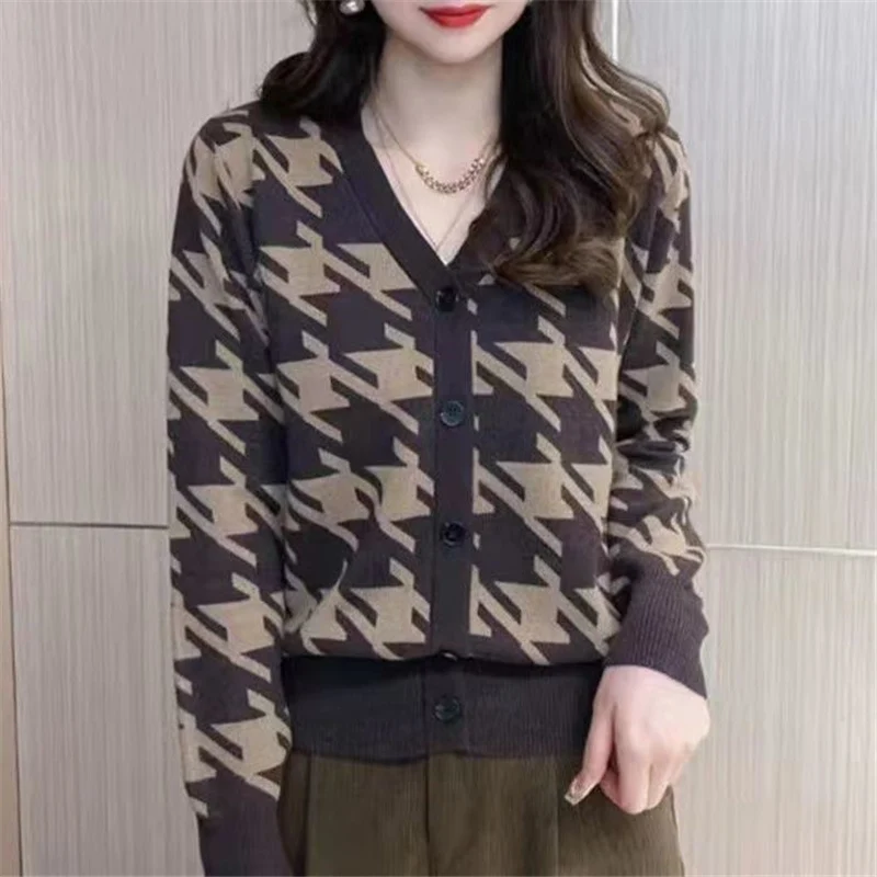 Fashion Classic Elegant Vintage Houndstooth Knitted Cardigan Women Autumn V Neck Slim Single Breasted Sweater Jacket Top Female