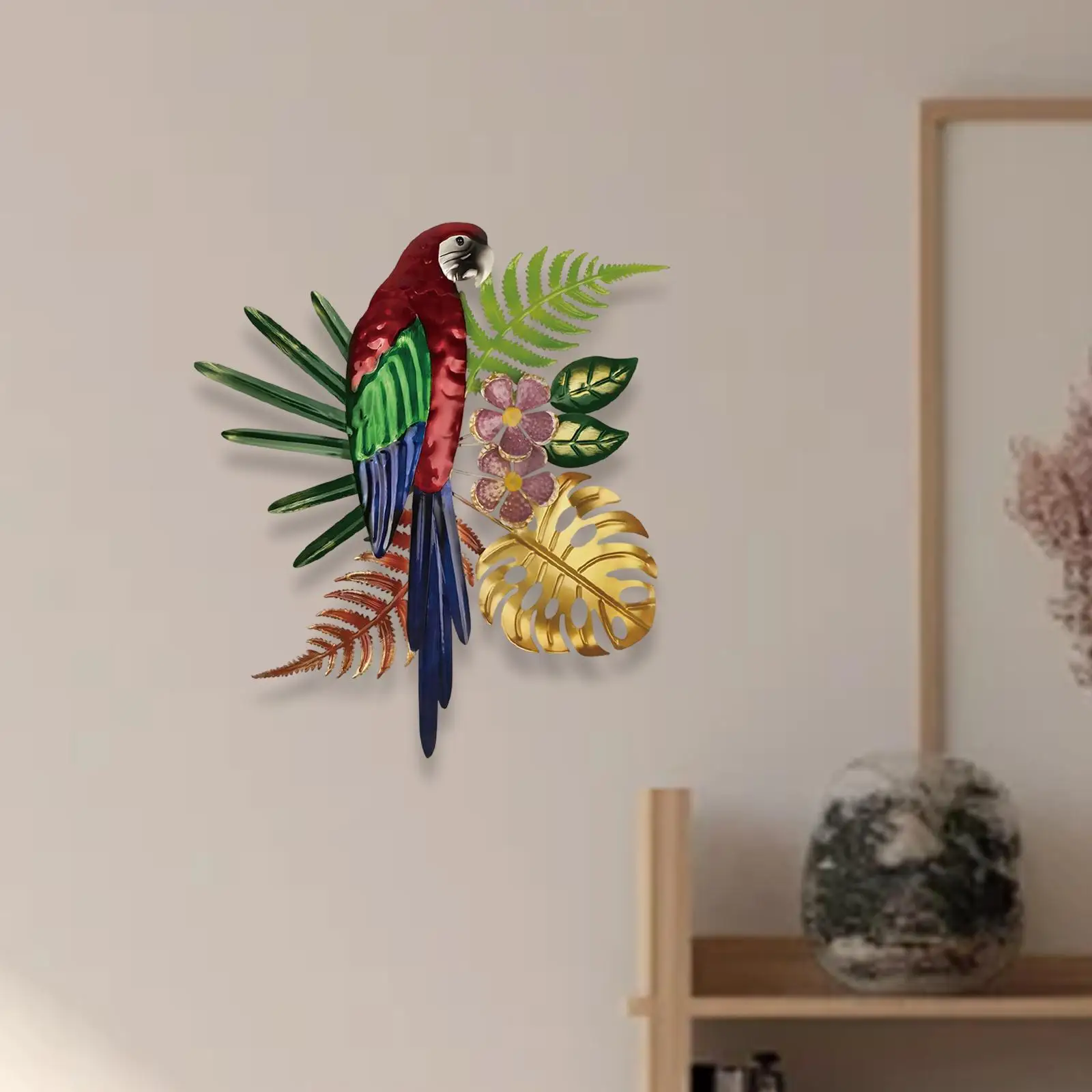Decoración de pared de loro de hierro 2D, obra de arte colgante, escultura de pared de pájaro coleccionable, adorno para porche, patio, cocina, cafetería, interior y exterior