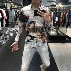 Men's Trendy Shirt Autumn New Style Personalized Printed Slim Fit Long Sleeved Shirt for Men