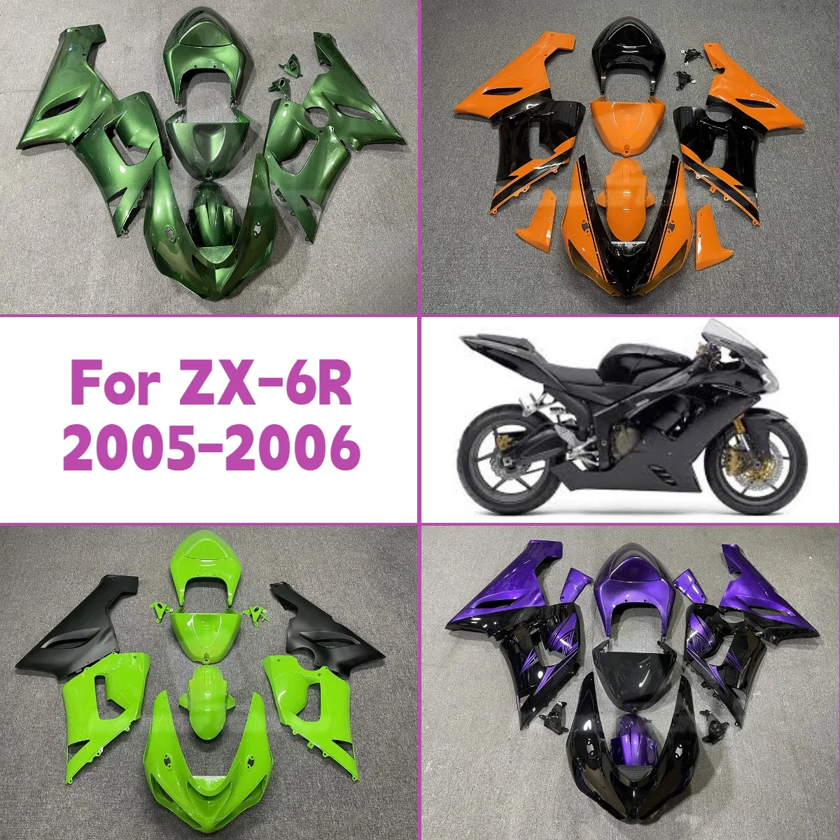 For 2005 2006 Kawasaki ZX-6R Aftermarket ABS Plastic Fairings 05 06 ZX-6R Motorcycle Fairing Kit Green Orange Purple Color