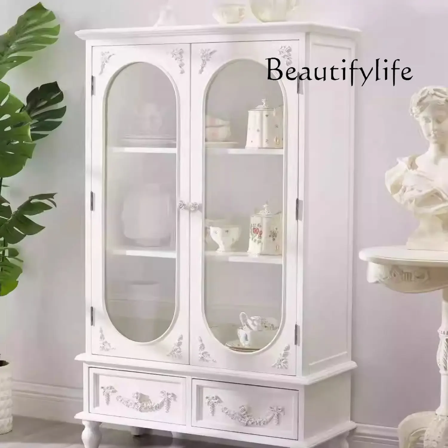 

SS French Retro Solid Wood Dining Side Cabinet Opposite Door Storage European Carved Wine Cabinet Living Room Display Side Cabin