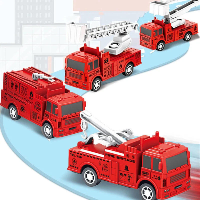 

4Pcs Mini Educational Cars Children Pull Back Toy Fire Engine Vehicle Model Simulation Inertia Cloud Ladder Fire Truck Kids Gift