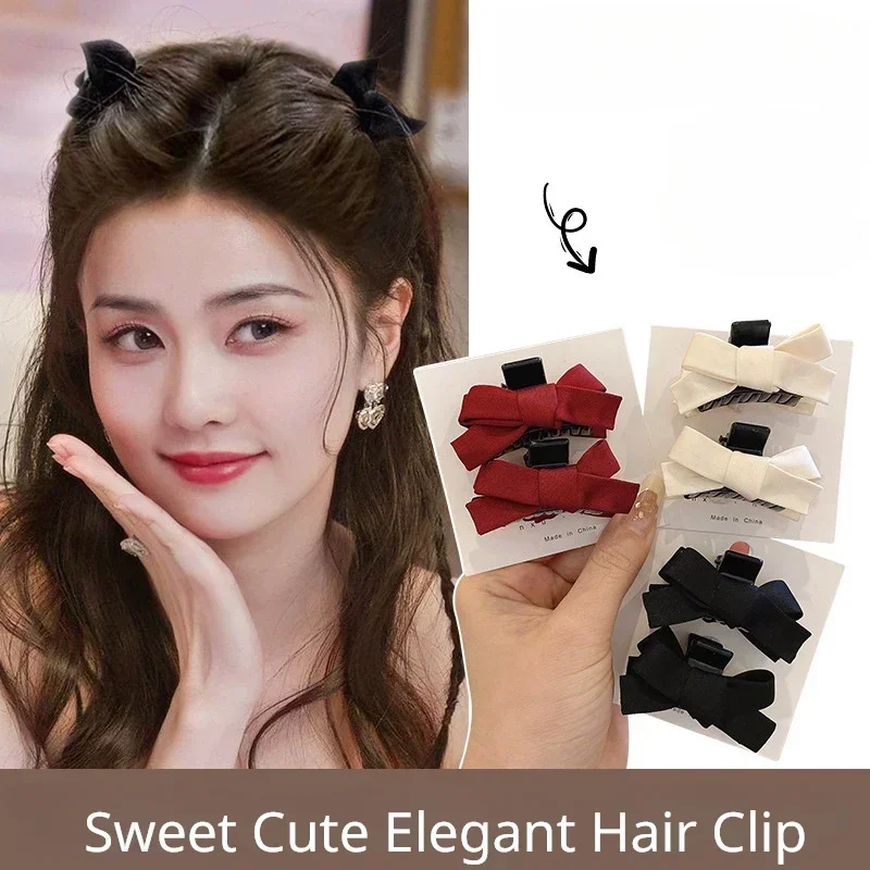 2pcs/set Small Double-layer Satin Bow Hairpin for Women Girls Korean Sweet Black Red Bangs Hair Claw Hair Pins Hair Accessories