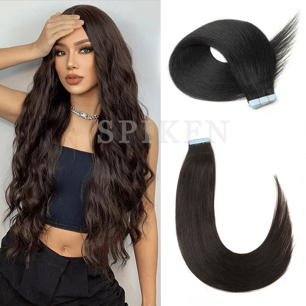 

Натуральная черная лента для наращивания человеческих волос, бесшовная клейкая лента 12-24 дюйма, натуральные прямые человеческие волосы, машинная лента Remy