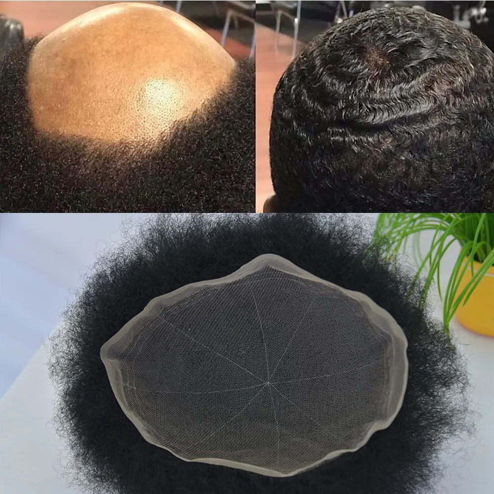 Ready To Ship 100% Natural Human Hair 6mm Afro Curly Style 8x10 Black Color Hand Made  Full Lace Base Toupee for African Men