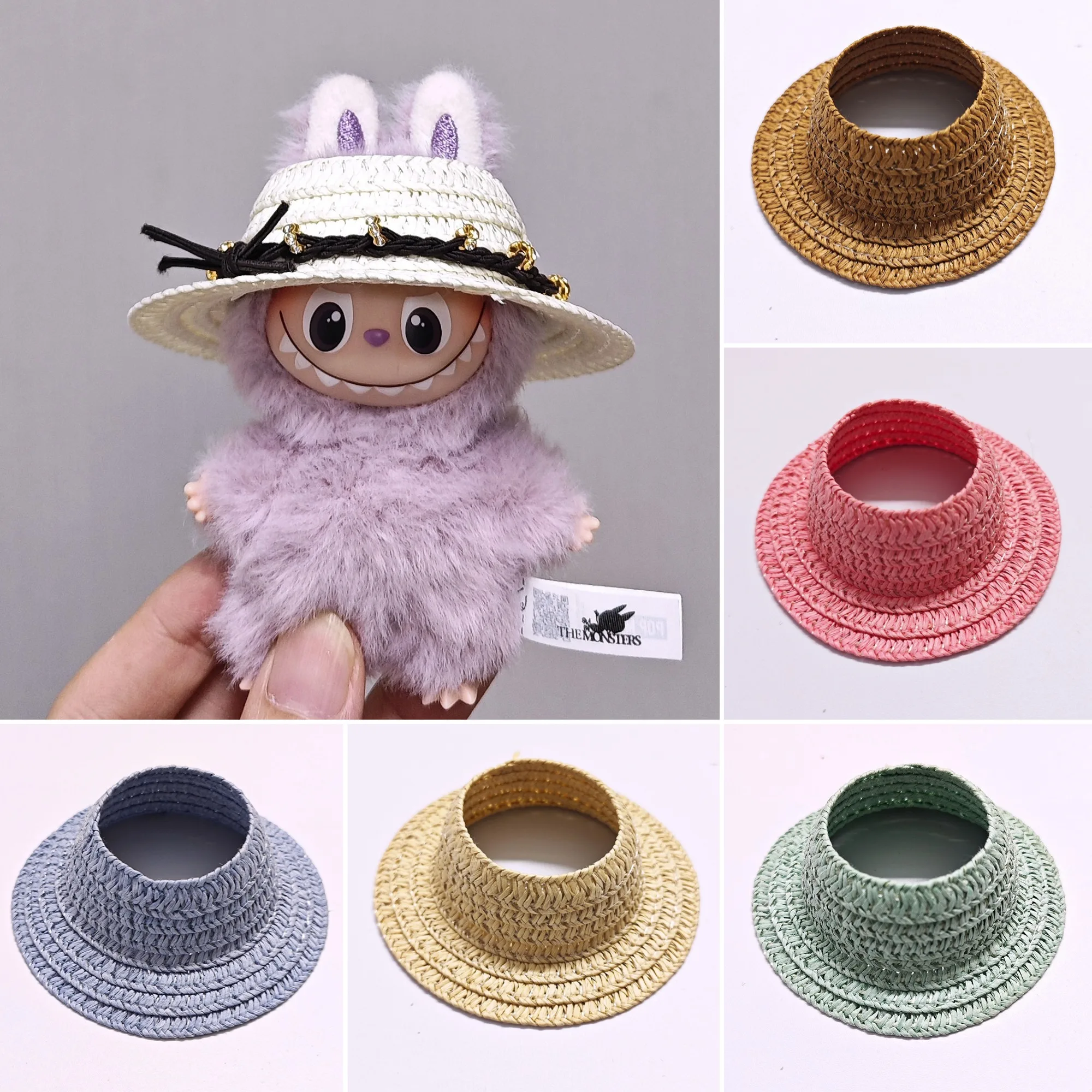 

10cm Woven Straw Hats For 4th Gen Labubu 4.0 Mini Solid-Color Styles With Lace Trim Multiple Colors Available