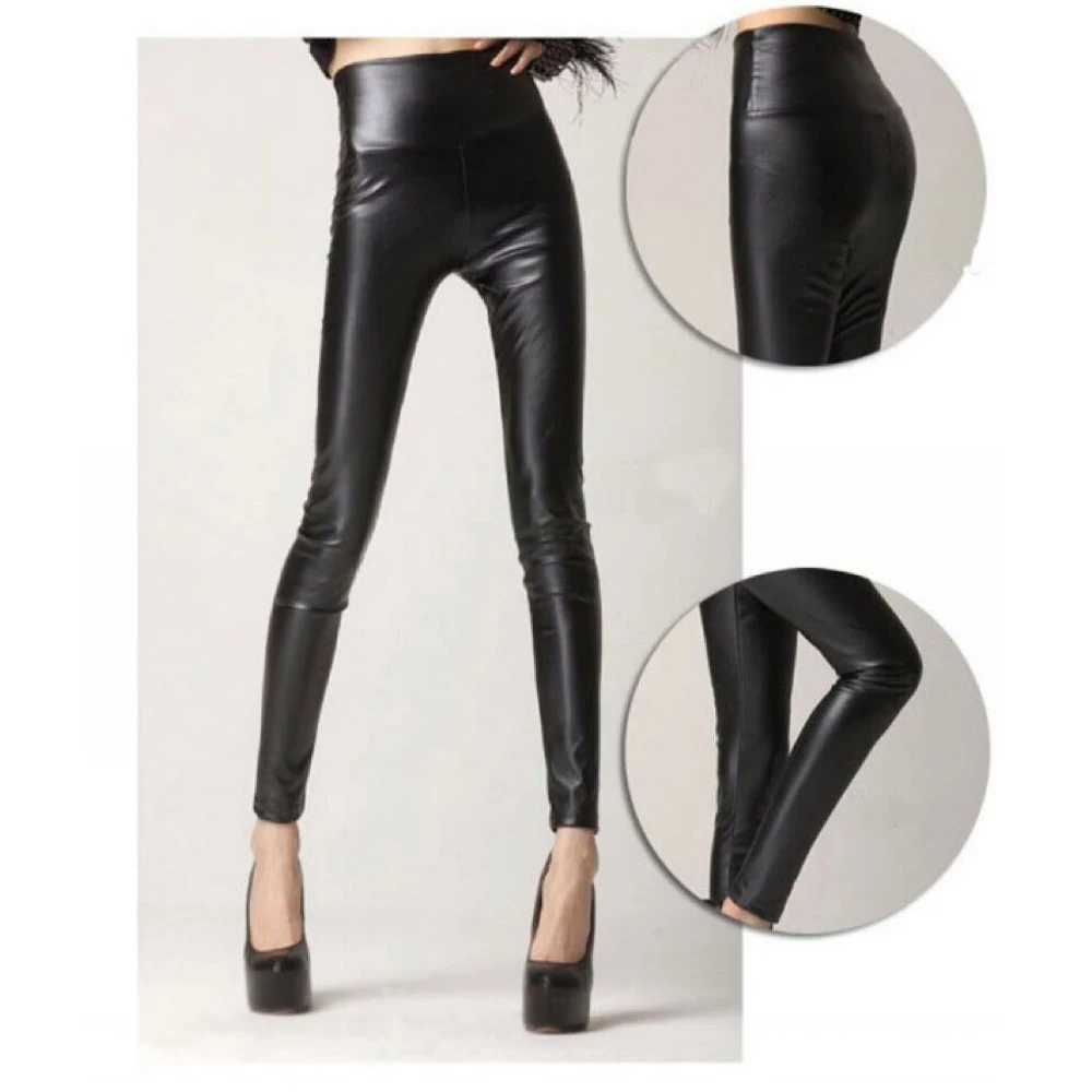 Leggings en cuir PU pour femmes, pantalon crayon, noir, rouge, taille haute, Sexy, slim, mince, grande taille