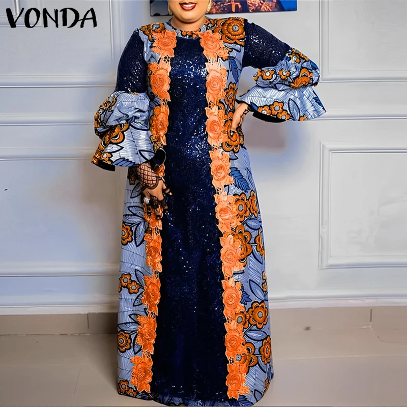 Plus Size VONDA Bohemian Vestidos Women Casual Flared Long Sleeve Maxi Dress Round Neck Loose Print Sundress Ruffles Long Robes