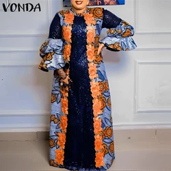 Plus Größe VONDA Böhmischen Vestidos Frauen Casual Ausgestelltes Langarm Maxi Kleid Rundhals Lose Druck Sommerkleid Rüschen Lange Roben