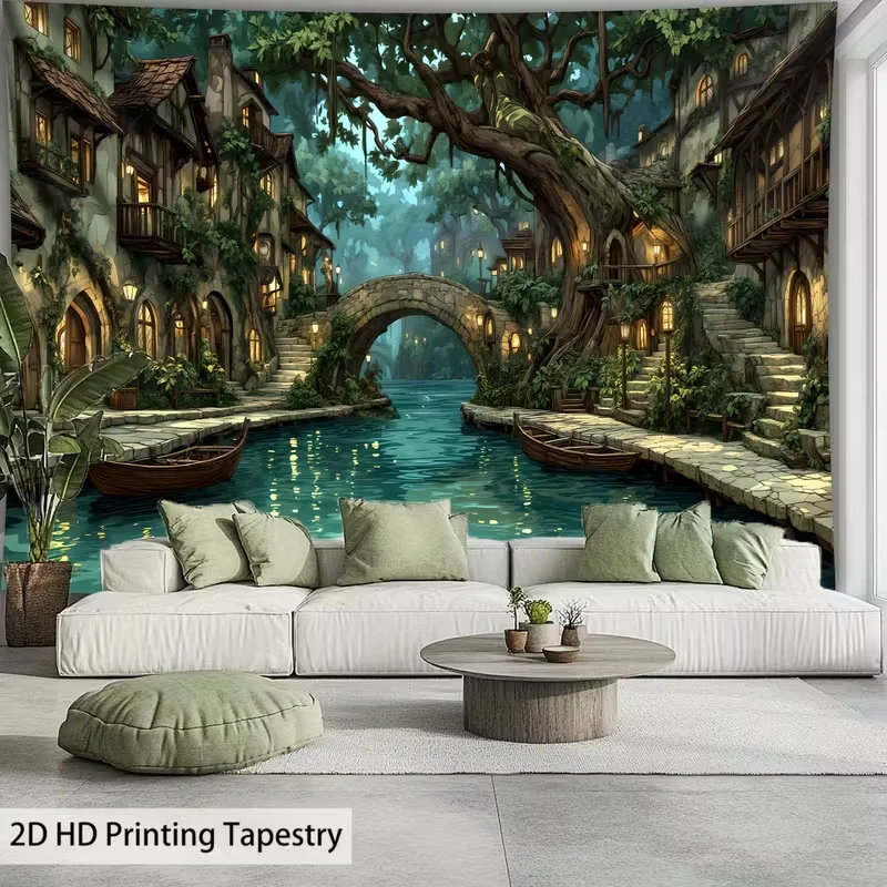 Tapiz antiguo Town Creek, fondo artístico de pared suave para sala de estar, dormitorio o decoración moderna del hogar
