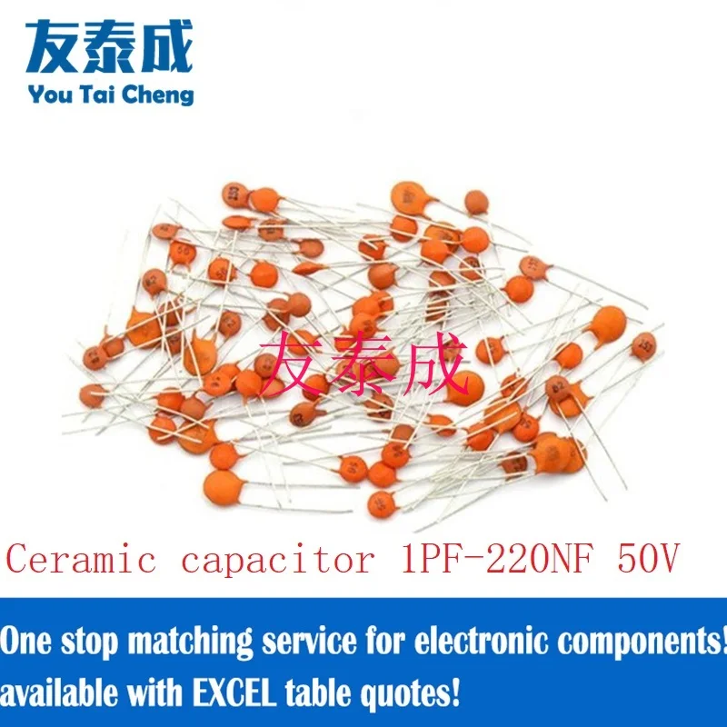 50PCS Circular Ceramic Capacitor 50V 1PF 2PF 2.2PF 3PF 3.3PF 4.7PF 5PF 7PF 8PF 10PF 15PF 18PF 20PF 22PF 27PF 30PF 33PF 47PF 56PF