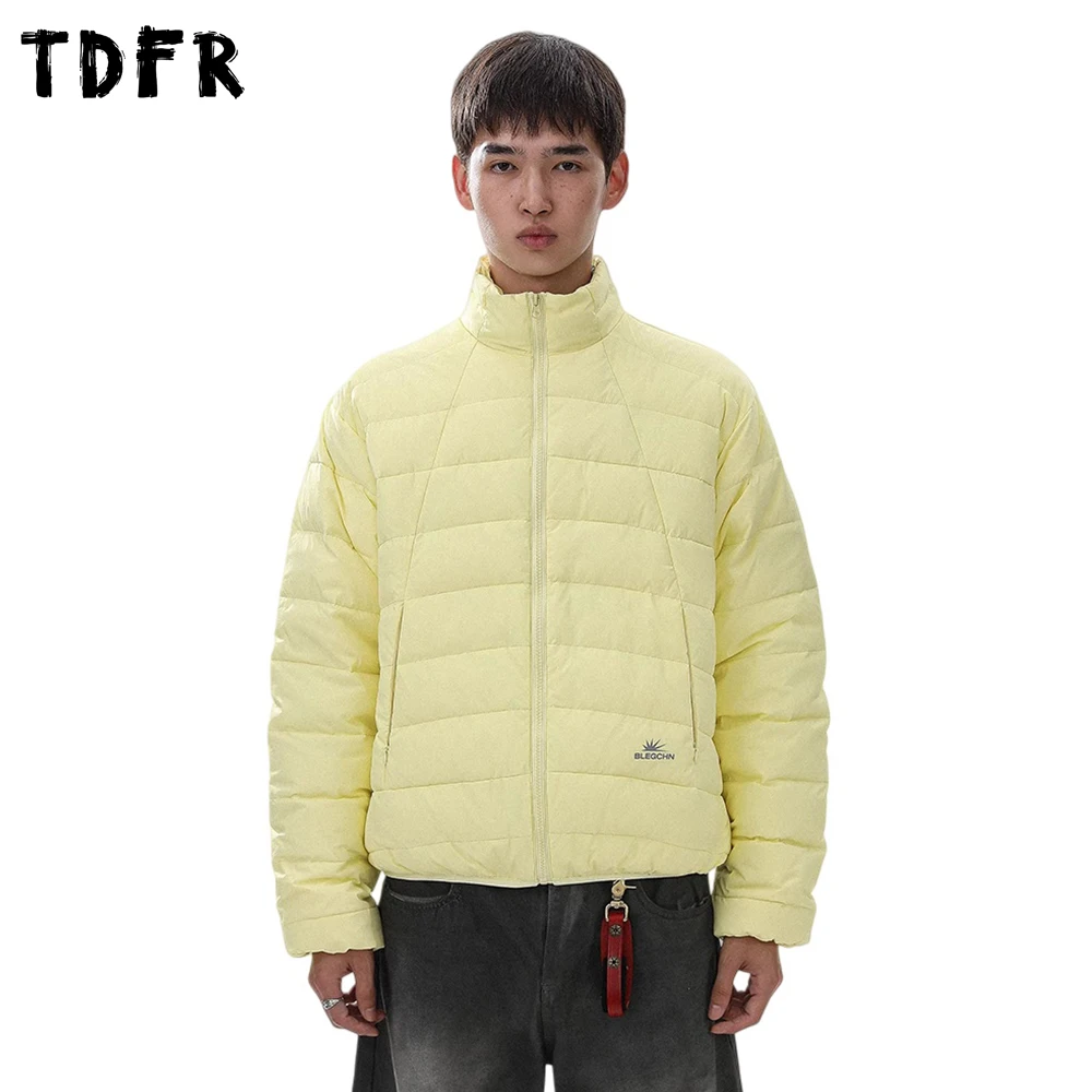 

Simple Letter Print Down Jacket Mens Winter Thick Safari Style Stand Collar Long Sleeve Loose Padded Jacket Man