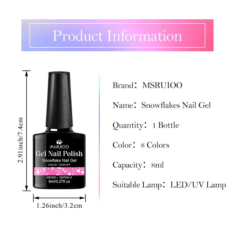 MSRUIOO 8ml Snowflake Gel Nail Polish Fluorescent Pink,with White Sequins and Snow Top Coat for DIY Nail Art HEMA/TPO FREE