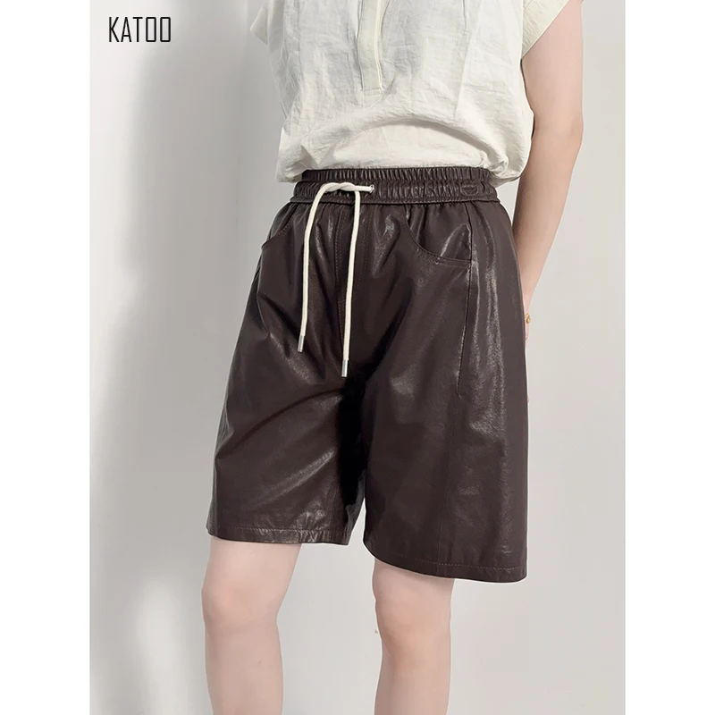 Imported Italian Leather Shorts Ladies Elastic Waist Drawstring Loose Slim Plant Tanned Sheepskin Soft Comfortable Short Pants