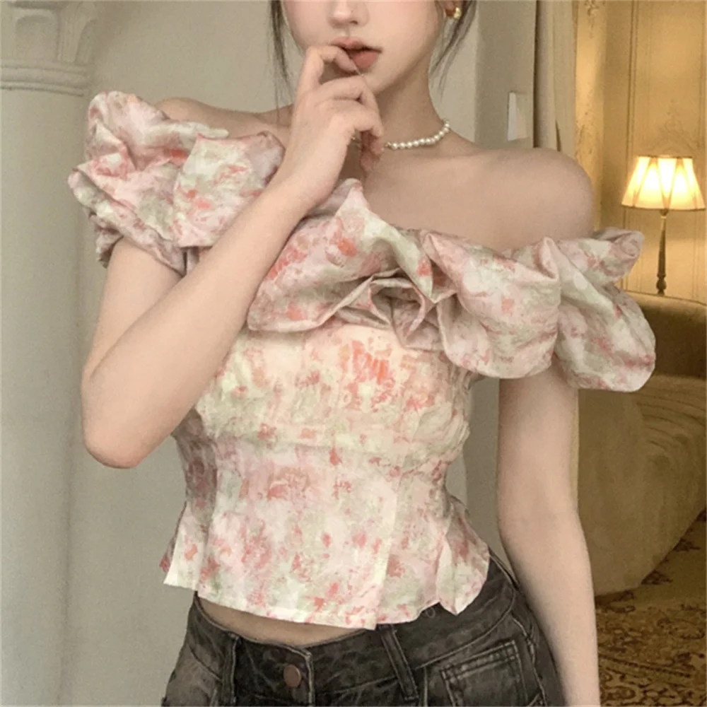 PLAMTEE S-M Women Slash Neck Florals Blouses Summer Off Shoulders 2023 Short Sleeve Sweet Party Ruffles Slim New Daily Mujer