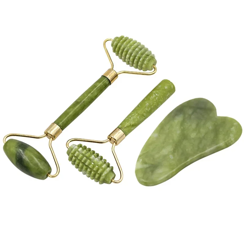 Rosto microniddle rolo gua sha 2 pçs/set massageador natural para rosto guache raspador rosto massageador jade rolo guasha raspador