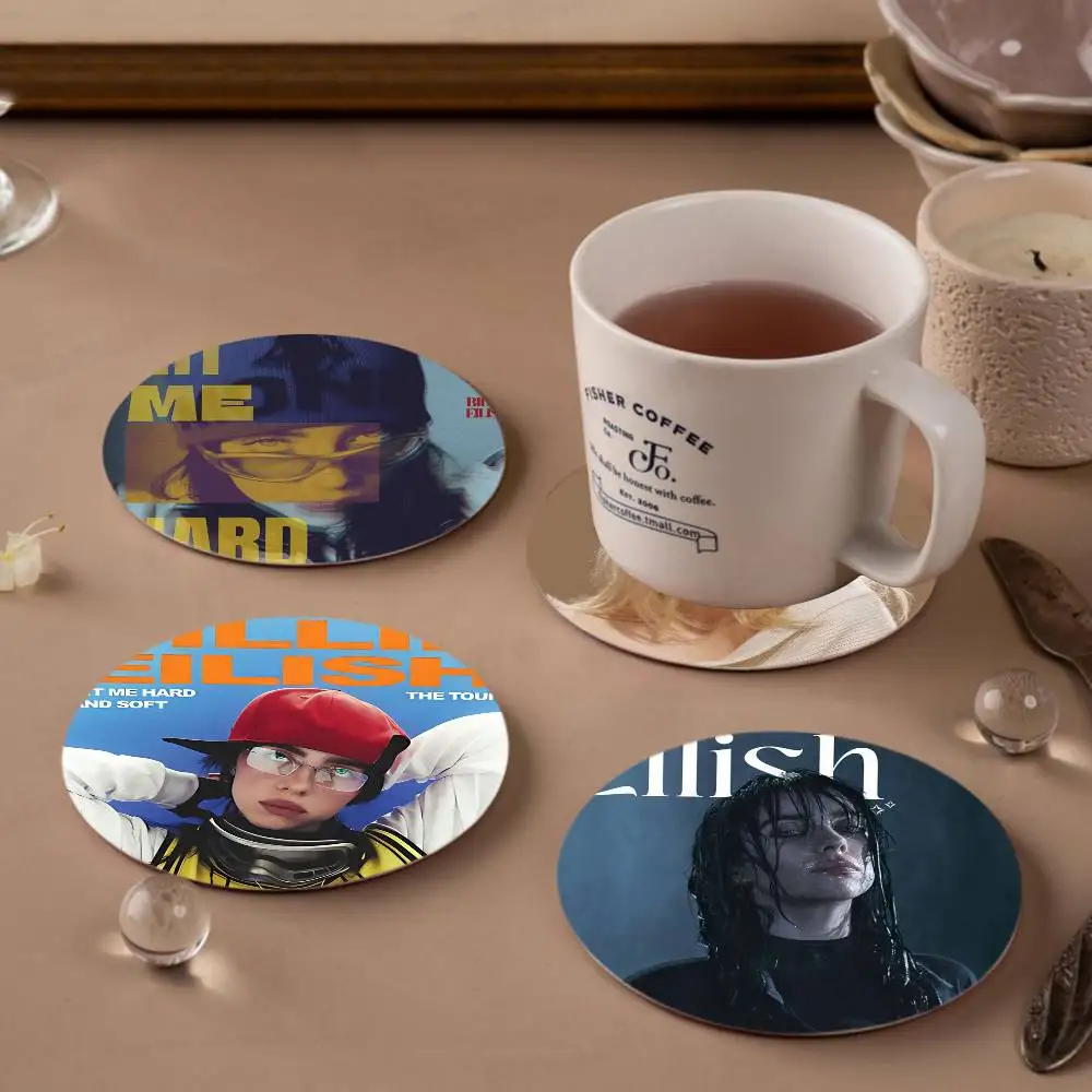 B-BillieS Singer E-EilishS Wood Coasters Colorful Round Coaster Non-slip Heat Insulation Coffee Mats Home Accessories Kitchen