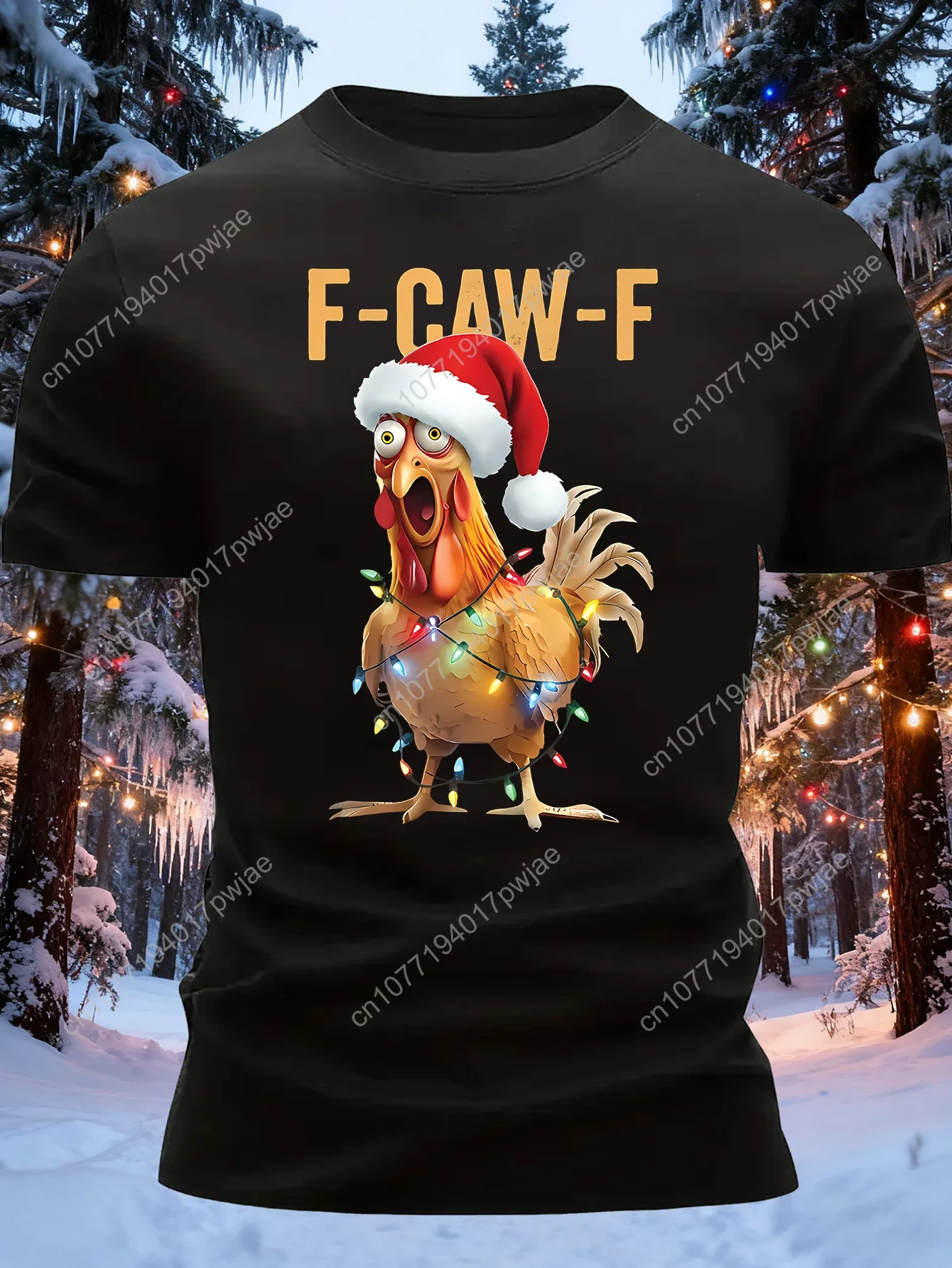 Camiseta divertida de Navidad con diseño de gallo para hombre - Negra de manga corta con texto 'F-CAW-F' y gallo con gorro de Papá Noel con luces - Humorístico y original