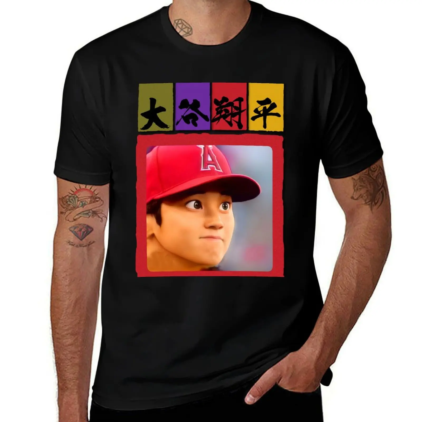 

Cartoon-style Shohei Otani with Japanese Kanji T-Shirt mens graphic t shirts t shirt custom print T-Shirt