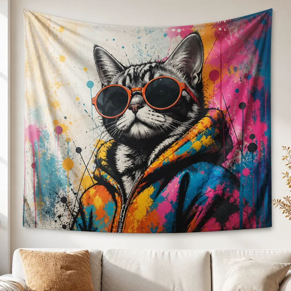 Street Ink Orange Frame Sunglasses Tiger Spotted Cat Printed Tapestry 150X100CM Esports Room Personalized Wall Background Fabric