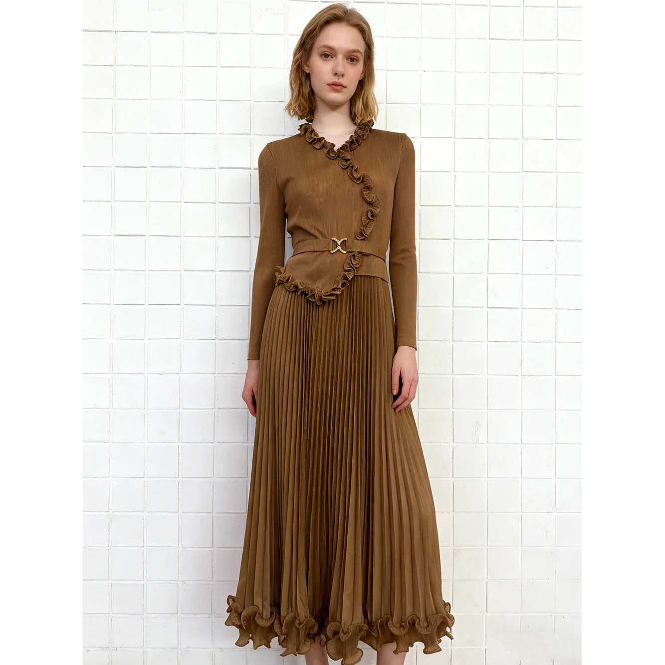 

Ele Loose Women's Dr Metal Bule Pleated Slimming Waist Cross-Border Tee Houses Wooden Gored Skirt