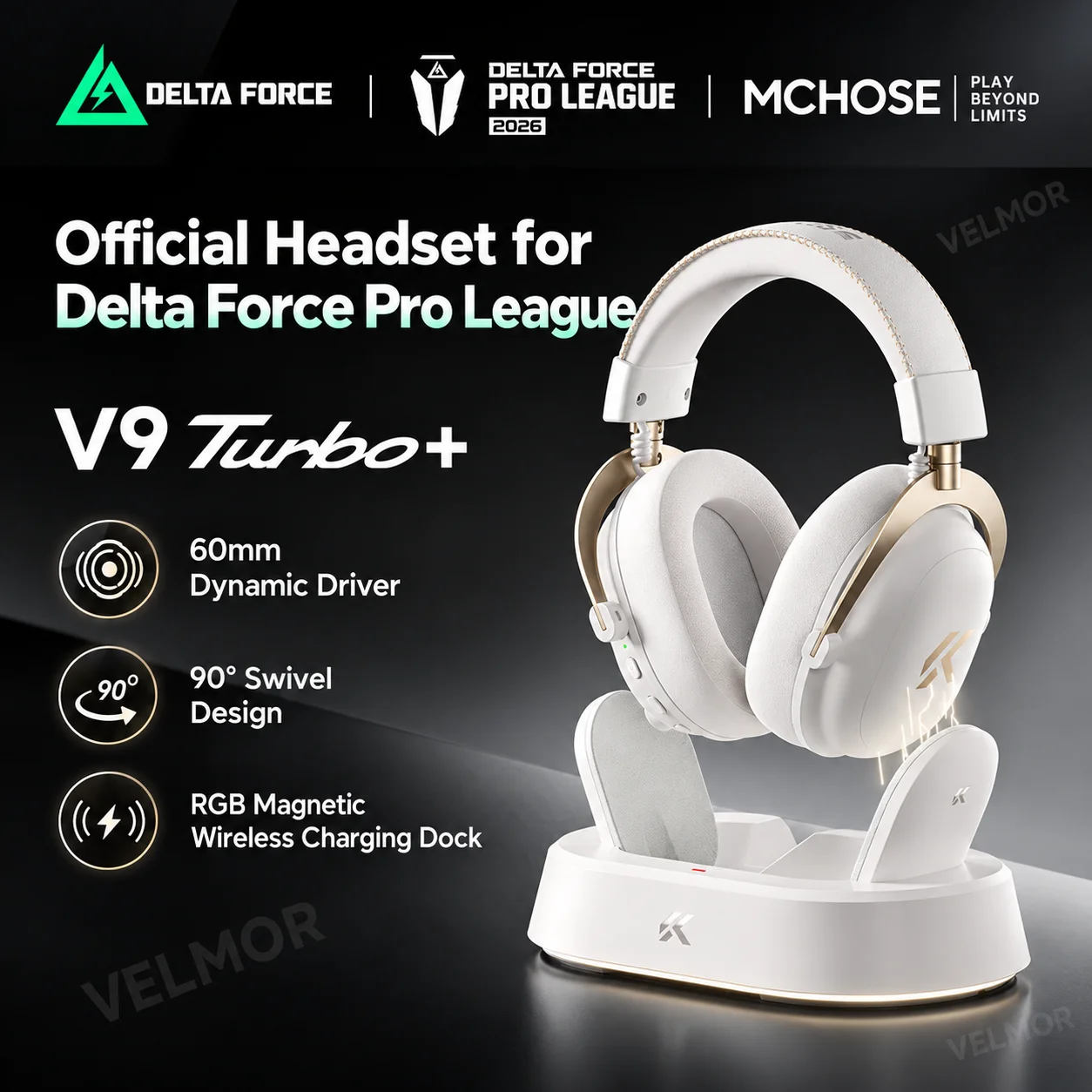 MCHOSE V9 Turbo+ Wireless Gaming Headset 60mm Driver 7.1 Surround Sound RGB Magnetic Charging Dock for Valorant PUBG