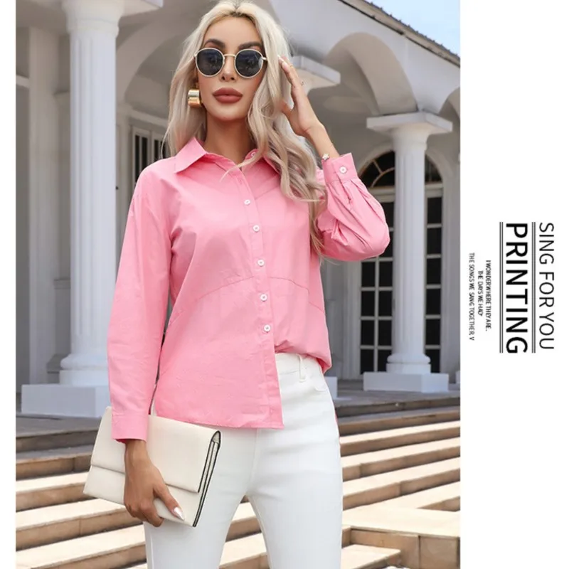 Women's Pink Sweet Shirt Long Sleeve Collar Button Long Sleeve Solid Color Casual Fashion Women's Shirt Spring New Product 2025