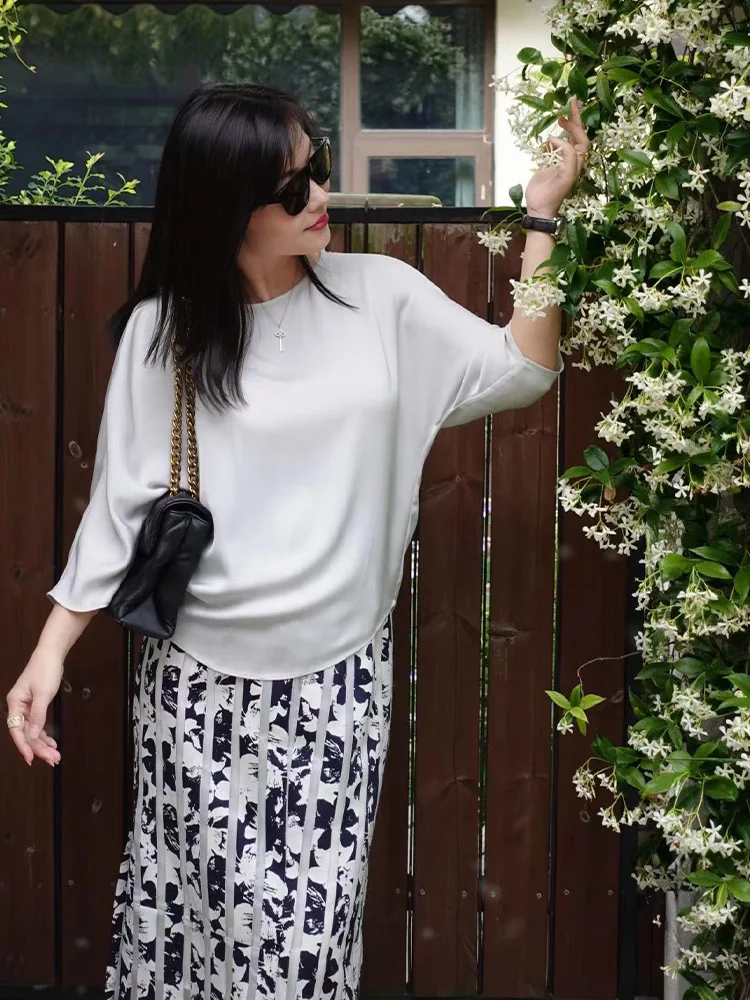 

Уникальный дизайн, шелковистая блузка-рубашка для женщин, разноцветная, из имитации шелка, для повседневной носки, на одно плечо, свободного кроя, с рукавом 3/4.