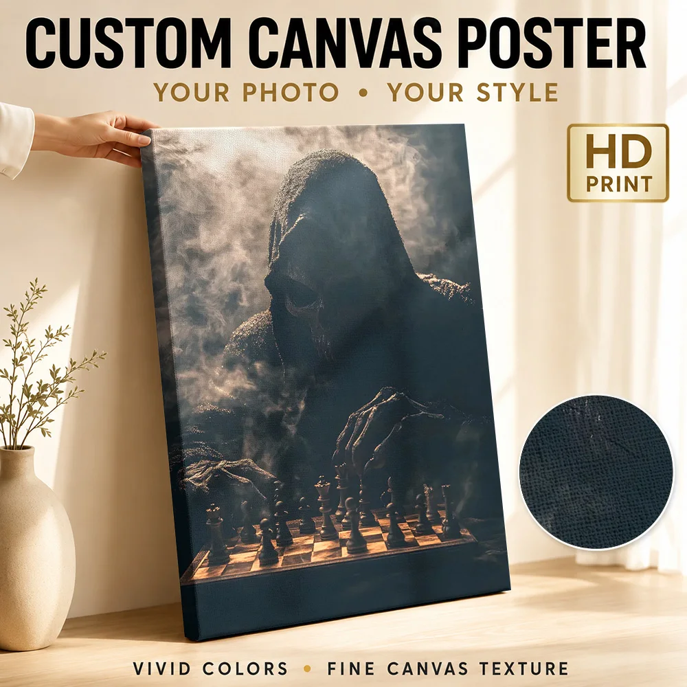 Grim Reaper Playing Chess Dark Fantasy Art Canvas Posters Gothic Wall Decor With Customized Photo For Study Ideal Collector Gift