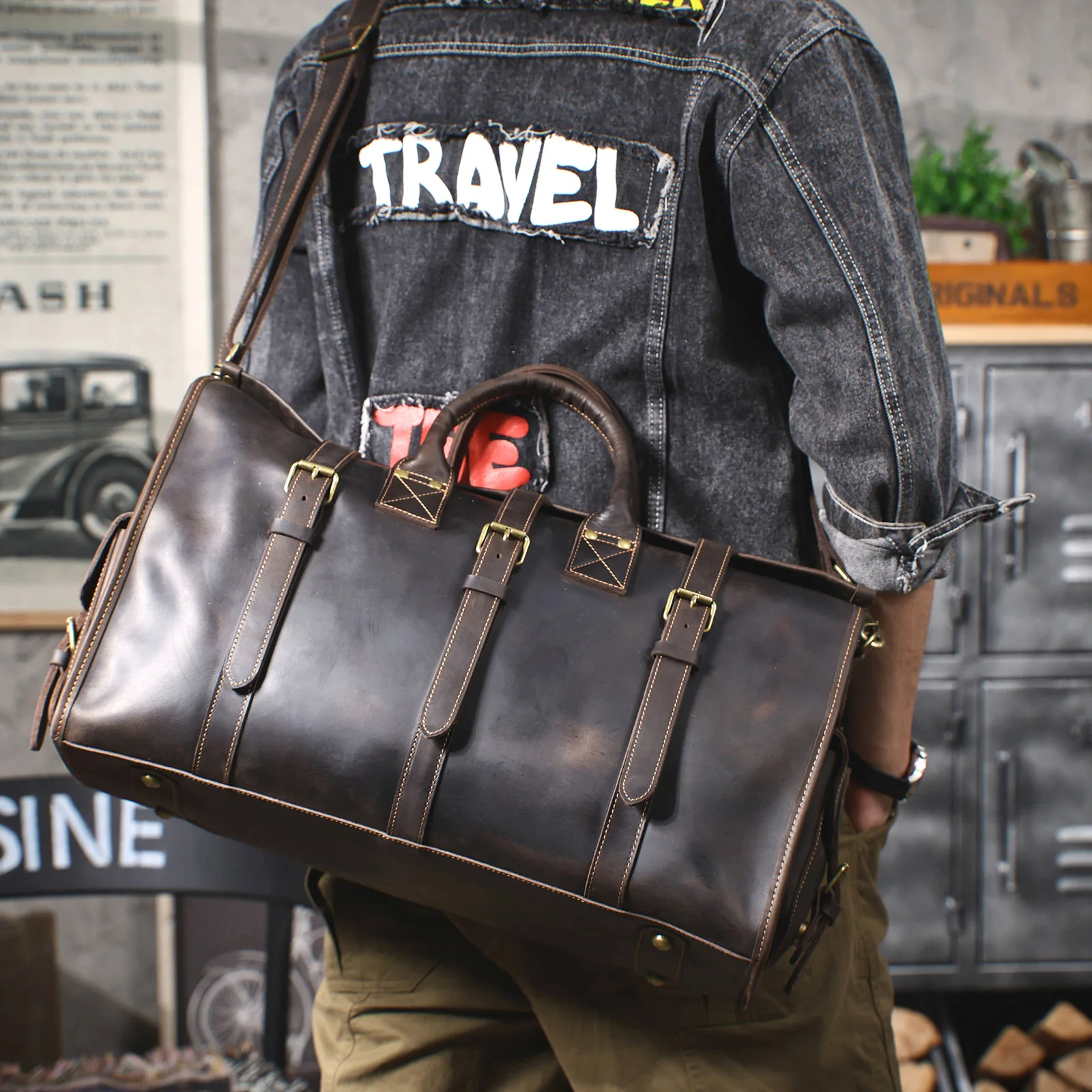 Vintage Echtleder-Reisetasche für Herren, Große Kapazität, Leder-Sporttasche, Klassischer Stil, Wochenendtasche, Übernachtungstasche – Detail 5