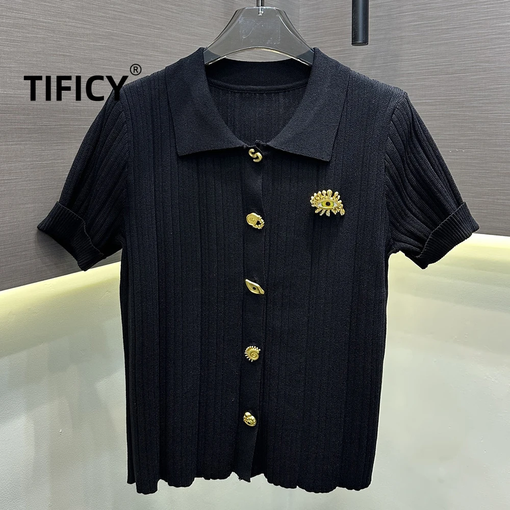 

Женская трикотажная футболка-кардиган High Street Tees с коротким рукавом, белая, в вертикальную полоску, с металлическим декором в виде глазок