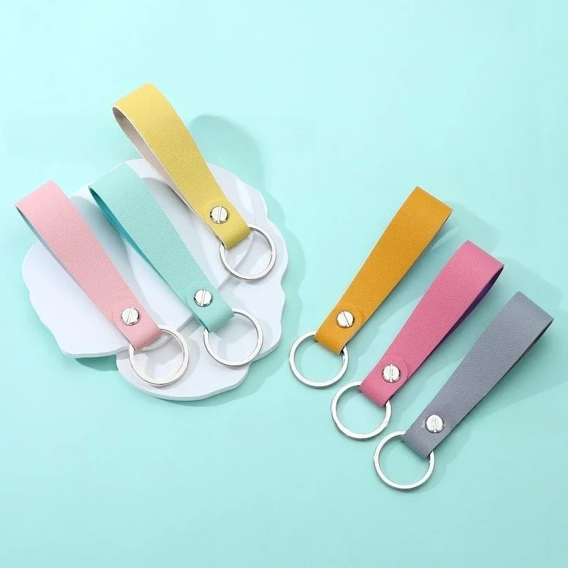 Laser Custom Logo Car Bag Key Chain Ring Personalized Name Number Double-sides Color PU Leather Keychain Business Keyring Gift