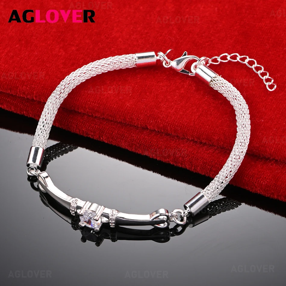 

AGLOVER 925 Sterling Silver Curved Column Inlaid Zircon Grid Chain Bracelet Women Fashion Charm Wedding Jewelry