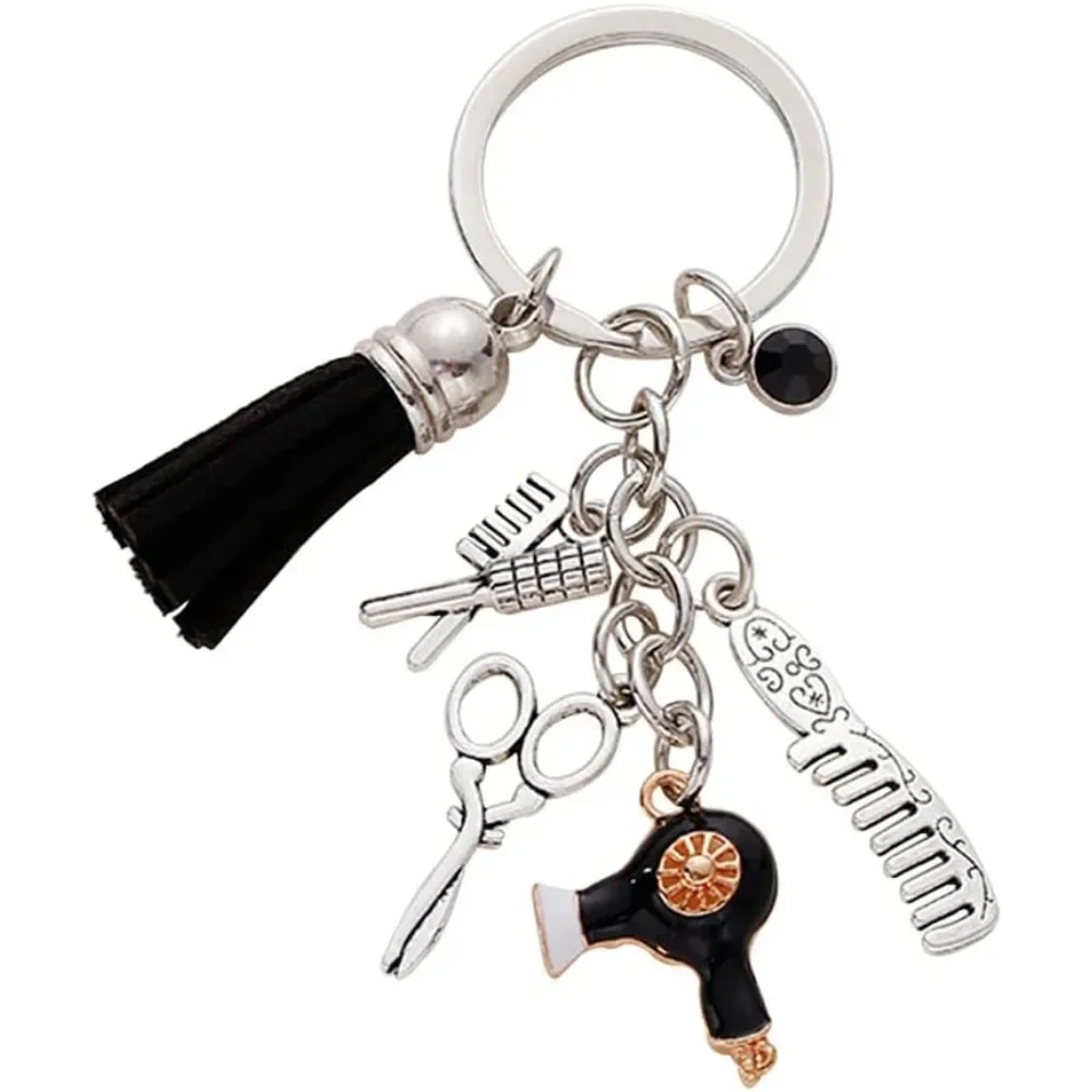 Comb Scissors Charm Keychain Hairdresser Hair Stylist Gift Cosmetology Tassel Jewelry, Silver, Normal