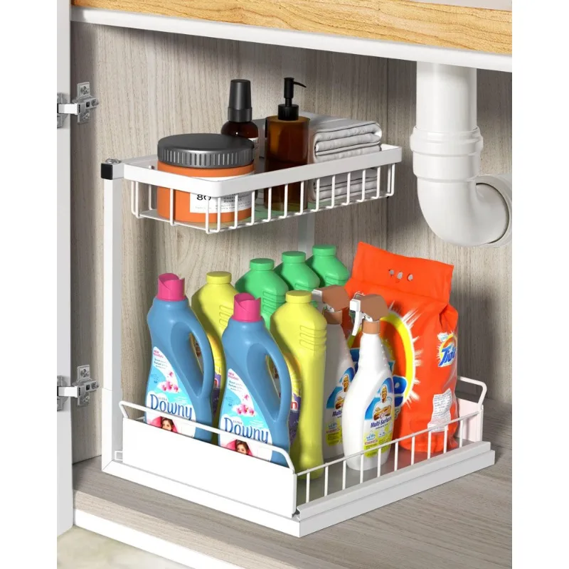 2 Tier Under Sink Organizer and Storage Basket,Slide Out Under Cabinet Organizer Shelf,Multi-Purpose Pull Out Drawer Cabinet